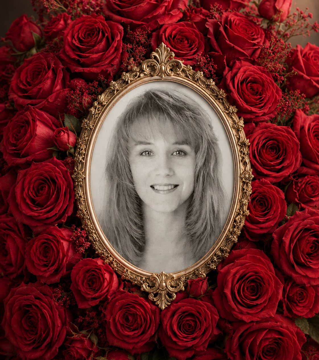 A framed portrait of Grazynka surrounded by red roses